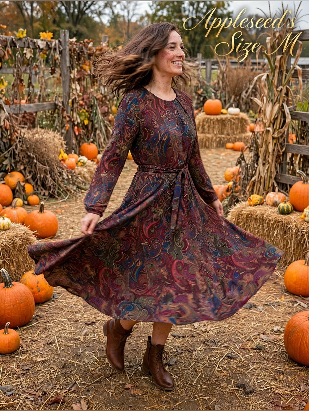 Appleseed's Floral Paisley Knit Dress M Burgundy Jewel Tone Belted Fit & Flare